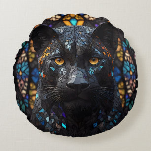 Black Panther Mosaic Stained Glass Round Cushion