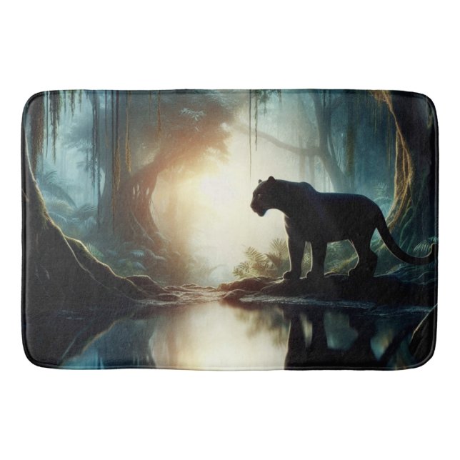 Black Panther Reflected in Pool of Water in Jungle Bath Mat (Front)