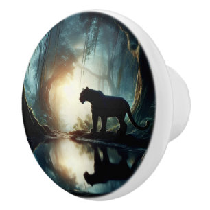Black Panther Reflected in Pool of Water in Jungle Ceramic Knob