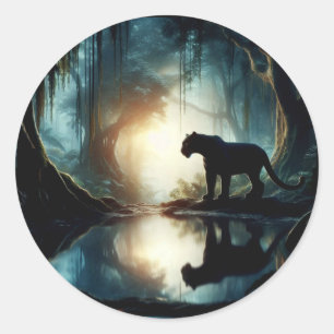 Black Panther Reflected in Pool of Water in Jungle Classic Round Sticker
