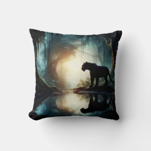 Black Panther Reflected in Pool of Water in Jungle Cushion