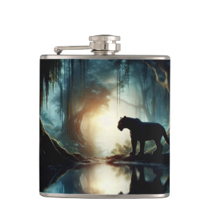 Black Panther Reflected in Pool of Water in Jungle Hip Flask