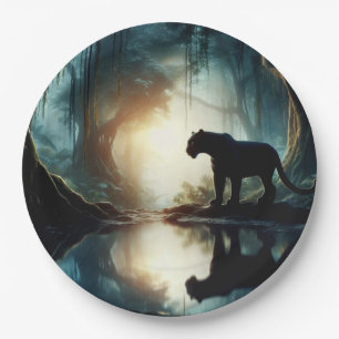 Black Panther Reflected in Pool of Water in Jungle Paper Plate