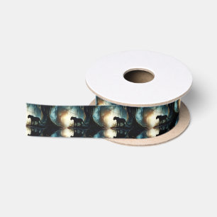 Black Panther Reflected in Pool of Water in Jungle Satin Ribbon
