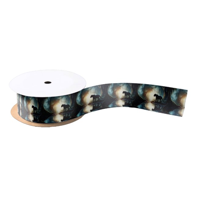 Black Panther Reflected in Pool of Water in Jungle Satin Ribbon (Spool)