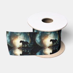 Black Panther Reflected in Pool of Water in Jungle Satin Ribbon