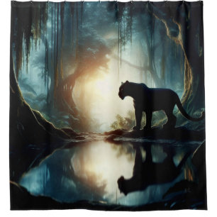 Black Panther Reflected in Pool of Water in Jungle Shower Curtain