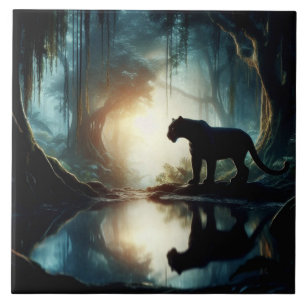 Black Panther Reflected in Pool of Water in Jungle Tile