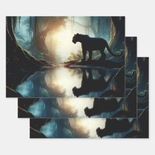 Black Panther Reflected in Pool of Water in Jungle Wrapping Paper Sheet