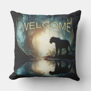 Black Panther Reflected in Pool of Water Welcome Cushion