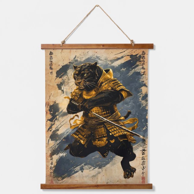 Black Panther Samurai Warrior - Japanese Ink Style Hanging Tapestry (Front)
