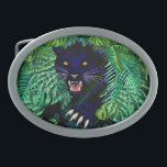 Black Panther Spirit of the Jungle Belt Buckle<br><div class="desc">Roaring Beautiful Black Panther coming out from the Dense Vegetation of a Rainforeste,  with his claws out,  like a Jungle Dark Spirit. Vector illustration Copyright BluedarkArt.</div>