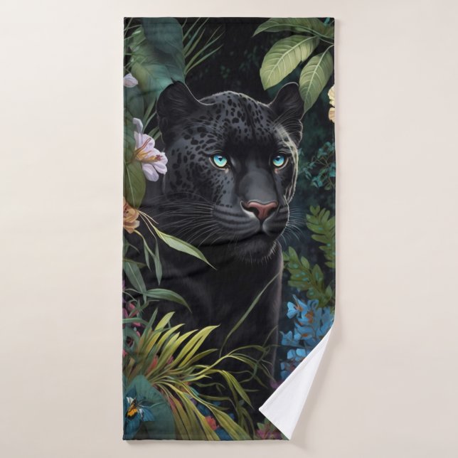 Black panther towel in the forest with flowers (Bath Towel)