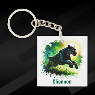 Black Panther with green surroundings Monogram   Key Ring