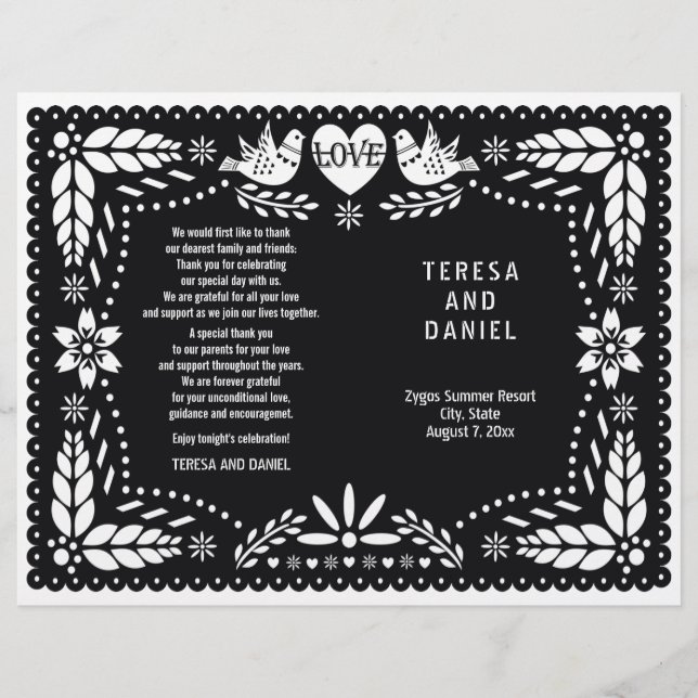Black papel picado wedding fiesta folded program (Front)