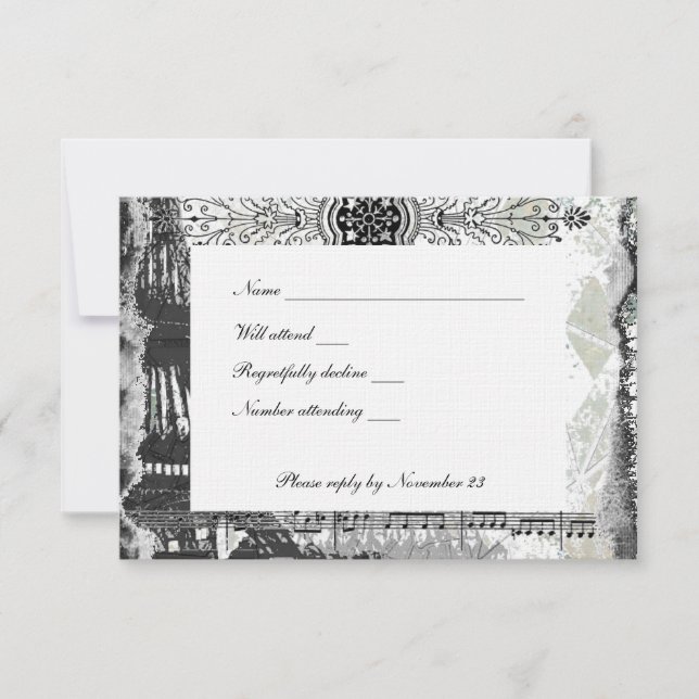 Black Paris Eiffel Tower Music rsvp with envelope (Front)