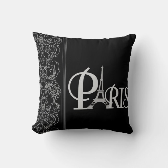 Black Paris Throw Pillow (Front)