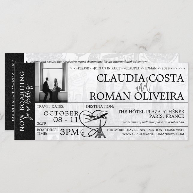 Black Paris Wedding Boarding Pass (Front/Back)