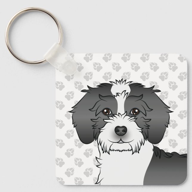 Black Parti-colour Mini Goldendoodle Dog & Name Key Ring (Front)