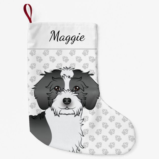 Black Parti-colour Mini Goldendoodle Head & Name Small Christmas Stocking (Front)