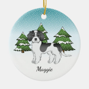 Black Parti-colour Mini Goldendoodle Winter Forest Ceramic Tree Decoration