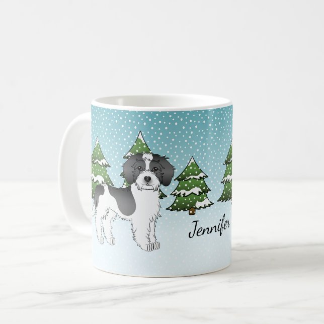 Black Parti-colour Mini Goldendoodle Winter Forest Coffee Mug (Front Left)