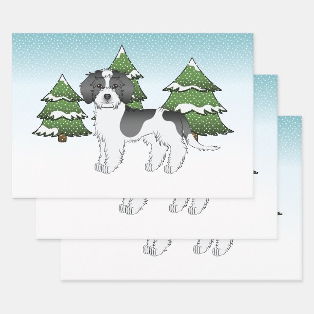 Black Parti-colour Mini Goldendoodle Winter Forest Wrapping Paper Sheet (Set)