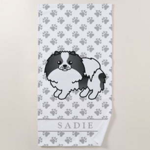 Black Parti-Colour Pomeranian Cute Dog & Name Beach Towel