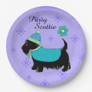 Black Party Scottie Terrier Dog Name Personalised Paper Plate