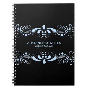 Black & Pastel Blue Tones Floral Lace Frame Spiral Notebook