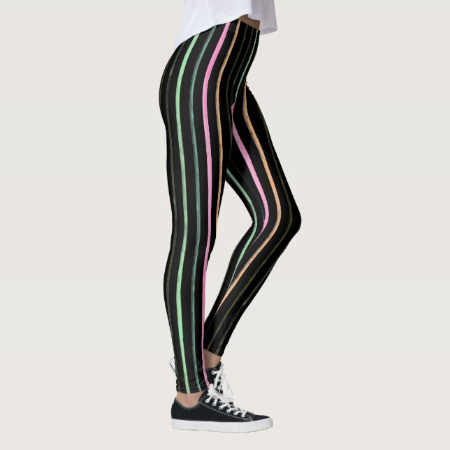 Black & Pastel Rainbow Stripes Leggings (Right)