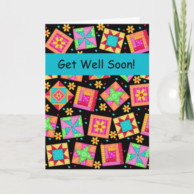 Black Patchwork Quilt Block Art Get Well Soon Card (Front)