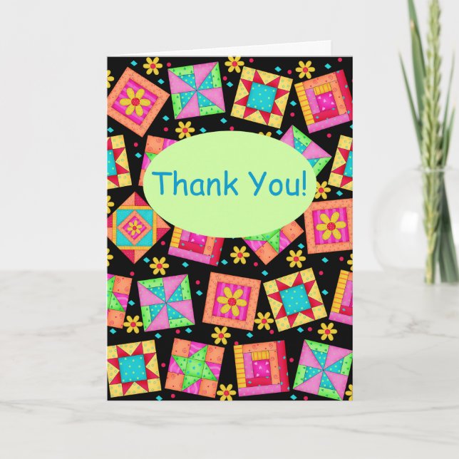 Black Patchwork Quilt Block Art Thank You Card (Front)