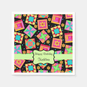 Black Patchwork Quilt Block Name Happy Birthday Napkin