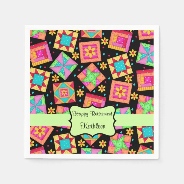 Black Patchwork Quilt Block Name Happy Retirement Napkin (Front)