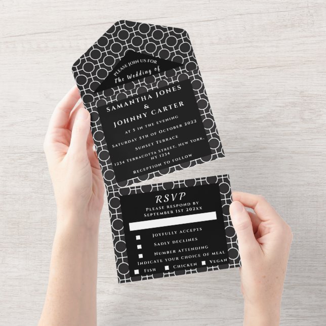 Black Pattern Unique RSVP Minimalist Wedding All In One Invitation (Tearaway)