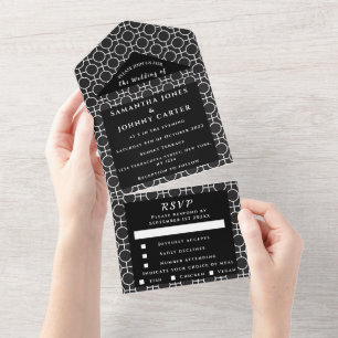 Black Pattern Unique RSVP Minimalist Wedding All In One Invitation