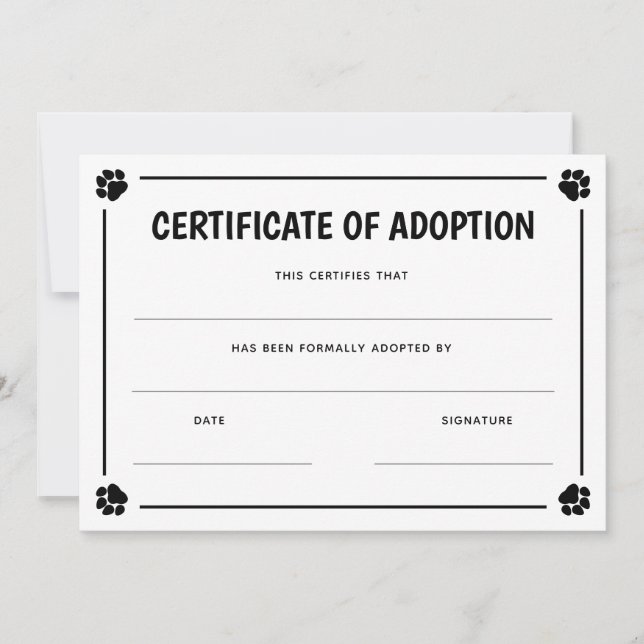 Black Paw Print Frame Pet Certificate of Adoption (Front)