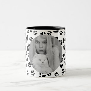 Black Paw Print & Hearts Monochrome Custom Photo Two-Tone Coffee Mug