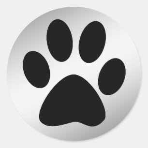 BLACK PAW PRINT ON SILVER CLASSIC ROUND STICKER
