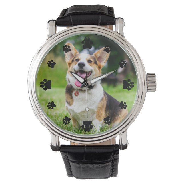 Black Paw Prints Add Your Pet Photo Watch (Front)