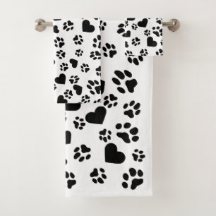 Black Paw Prints and Heart Pattern Bath Towel Set