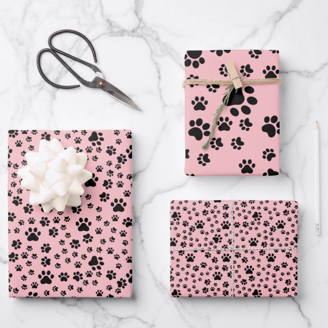 Black Paw Prints on Lemonade Pink Wrapping Paper Sheet (Front)