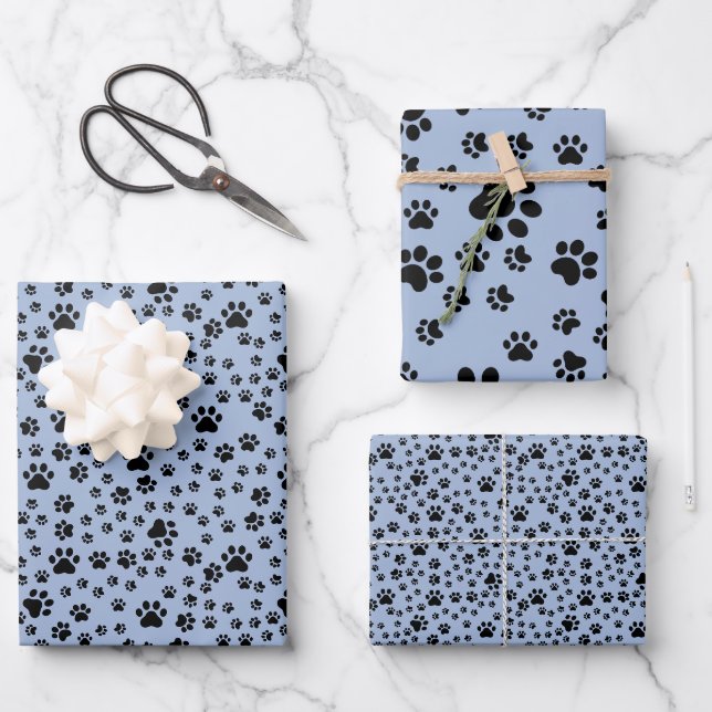 Black Paw Prints on Light Blue Wrapping Paper Sheet (Front)