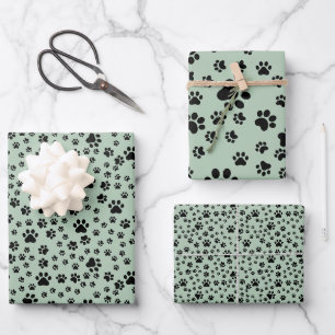 Black Paw Prints on Light Green Wrapping Paper Sheet