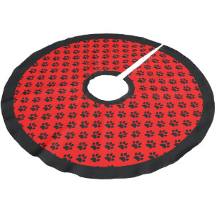 Black Paw Prints on Red Black Borders Christmas Brushed Polyester Tree Skirt
