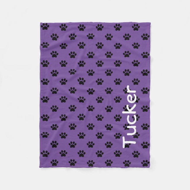 Black Paw Prints on Royal Purple Personalised Fleece Blanket (Front)