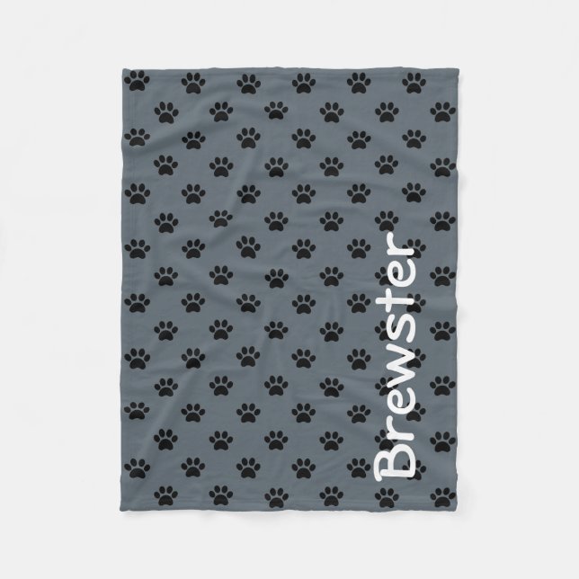 Black Paw Prints on Slate Grey Personalised Fleece Blanket (Front)