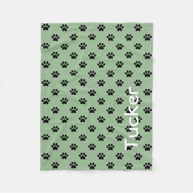 Black Paw Prints on Soft Sage Green Personalised Fleece Blanket (Front)