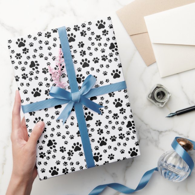 Black Paw Prints on White Wrapping Paper (Gifting)